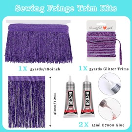 Yhsheen Purple Glittery Fringes, 5 Yards X 4 Inch Fringe with B7000 Glue, Tassels Trim for Crafts Sewing by The Yard for Clothing Curtain