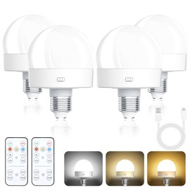 Rechargeable Battery Operated Light Bulbs, 300LM E26 Socket (Magnetic Detachable) Light Bulb for Lamps with Remote Control Dimmable＆Timer, Puck Emergency Lamp for Non-Hardwired Wall Sconce (Pack of 4)