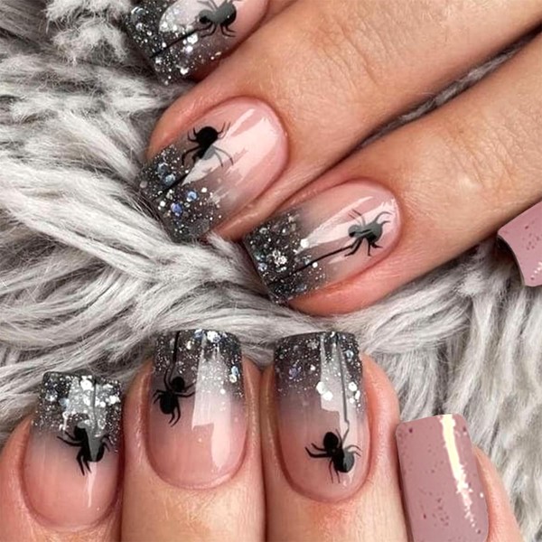 Vopintpy Halloween Press on Nails Medium Square Fake Nails Glitter