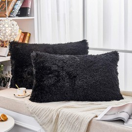 JAUXIO Long Faux Fur Soft Soild Decorative Pillowcase Fluffy Throw Pillow Cover Velvet Shaggy Plush Cushion Case Set of 2 Zipper Closure Queen Size (20X26 Inches, Black)