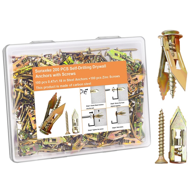 Sunxeke 200 Pcs Self Drilling Drywall Anchors with Screws,100 Sheetrock