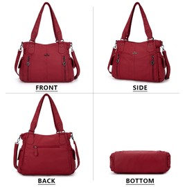 Angelkiss2 Women’s Large capacity Multi-pocket Functional Handbag/Purse/Crossbody Shoulder bag with soft washed Faux Leather 1193 (Red)
