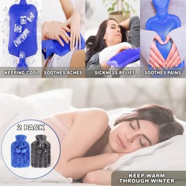 2 x Hot Water Bottles - Luxury Cosy Faux Fur Fleece Cover with Pom Poms - Natural Rubber 2 Litre Capacity - (Grey and Blue)