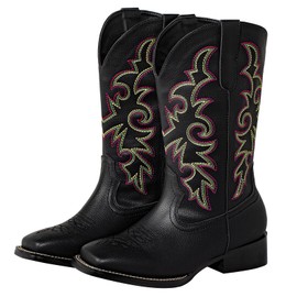 SheSole Women's Extra Wide Calf Cowboy Boots Square Toe – Pull-On Western Boots for Thick Calves, Stretch Comfort & Removable Insole, Classic Western Pattern (Black, X-Wide, 8)