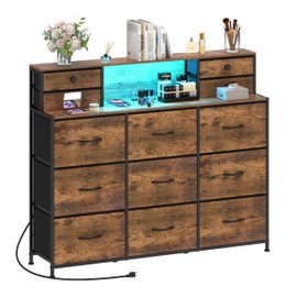 Welfuturer Rustic Dresser with Charging Station and LED Lights Large 13 Drawers Dresser Fabric Chest of Drawers for Bedroom Living Room Hallway Entryway Closets Sturdy Frame Wood Top Brown