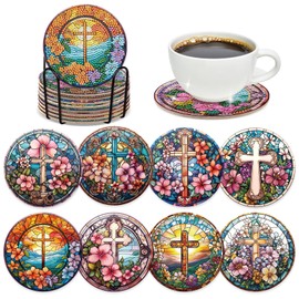 INCOK Cross Diamond Art Coasters - 8 Pcs DIY Christian Colorful Glass Diamond Painting Coasters Kits Religions Flower Art Craft Supplies Home Table Decor Inspirational Easter Gift for Beginners Adults