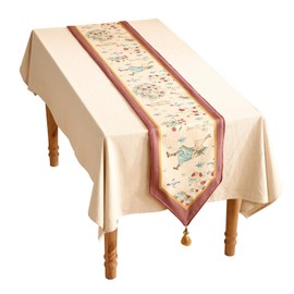 patdrea Designer Idyll Linen Table Runner, Vintage Beige Farmhouse with Ancient Spring Figure and Fruit Trees Pattern Table Mat, Decoration for Kitchen Dining Banquet Christmas ,12"*87"