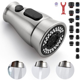 TIORIY Pull Down Kitchen Sink Faucet Spray Head Replacement with 15 Adapters, 3 Function Kitchen Faucet Spray Nozzle, Kitchen Faucet Sprayer Head Attachment, Brushed Nickel