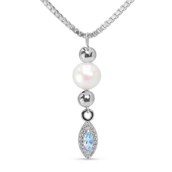 Real freshwater pearl and natural blue topaz pendant necklace 925