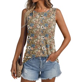 ORANDESIGNE Womens Floral Tank Tops Crewneck Sleeveless Shirts Casual Summer Loose fit Top Multicolored Flower Khaki XX-Large