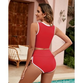 GRAPENT Athletic Swimsuits for Womens Swimsuits with Shorts Bikini Sets Full Coverage Bikini Womens Two Piece Bathing Suits Tankini Swimsuits for Women Tummy Control Color Red Size XXL XX-Large