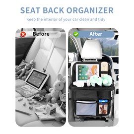 Backseat Car Organizer with Touch Screen Tablet Holder, Storage Pockets, Foldable Food Tray, Kick Mats Back Seat Protector, Travel Accessories for Kids and Adults (Upgraded Rear Organizer-2pcs)