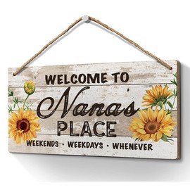 Heuhuww Nana Gifts for Grandma,Welcome to Nana's Place Sign 6x12 Inch Retro Sunflower Front Door Porch Decor for Grandma,Farmhouse Wall Decorations Hanging Signs(Sunflower-Yellow)
