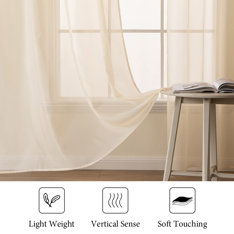MIULEE 2 Panels Solid Color Cream Beige Sheer Curtains Elegant
