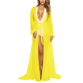 Pink Queen Women's Long Sleeve Flowy Maxi Bathing Suit Swimsuit Tie Front Robe Cover Up Yellow 2XL