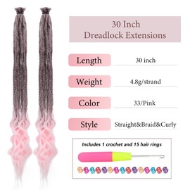 30 Inch 20 Strands SE Dreadlock Extensions,Synthetic Dreads Extensions Straight&Boho Handmade Dreads&Curly Hippie Style Synthetic Dreadlocks for Woman (33/Pink#)