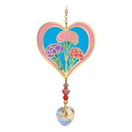 Birthmonth Flower Sun-Catcher Mobile - Stained Glass Effect - Sparkling Crystal Heart Adorned - Embellished with Hand-Crafted Beadwork (January - Carnation)