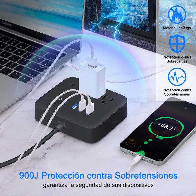 Lostrain Multicontactos USB,Regleta de Alimentación con 3 Ca(10A) y 3