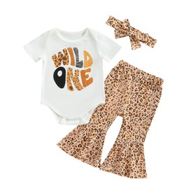 Xeadoffubio Infant Baby Girls 1st Birthday Outfit Wild One Leopard Letter Print Short Sleeve Romper Leopard Bell Bottoms Birthday Clothes Set Birthday Outfit Baby Girls Romper Birthday Suit White