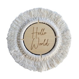 Baby J's - Hello World Macrame Plaque - Birth Announcement Plaques - Wooden Disk - Perfect Baby Shower or Newborn Gift - Can be Used as Flat Lays or Kept as a Keepsake - 16cm