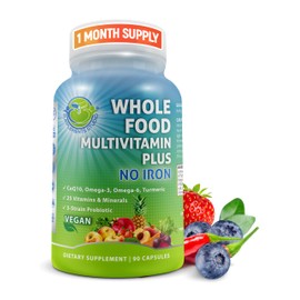 Vegan Whole Food Daily Multivitamin Without Iron, Methylated Multivitamin for Women and Men, Made with Fruits & Vegetables, B-Complex, Probiotics, Enzymes, CoQ10, Omegas, Turmeric, Non-GMO, 90 Count