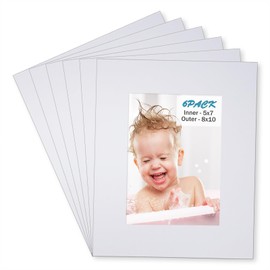 Egofine 8x10 White Picture Mats Pack of 6, Frame Mattes for 5x7 Pictures, Acid Free, 1.2mm Thickness, with Core Bevel Cut