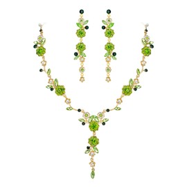 Flyonce Floral Jewelry Sets for Women, Wedding Guest Dresses Accessories Brides Bridal Rhinestone Crystal Flower Leaf Vine Pendant Necklace Long Dangle Earrings Set for Prom Party Green Gold-Tone