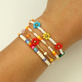 Colorful Daisy Flower Beaded Bracelet Of Women Seed Bead Dainty Trendy Cute Little Wrist Jewelry Gifts Rainbow Stretch Bracelets