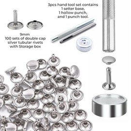 Trimming Shop 100 Set Leather Rivets Kit, 9mm Silver Double Cap Rivets Tubular Metal Studs with 3 Fixing Tools for DIY Leather Crafts Clothing Repair Bags Shoes Decoration