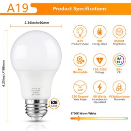 Maylaywood A19 LED Light Bulbs, 60 Watt Equivalent LED Bulbs, 2700K Warm White, 850LM, Non-Dimmable, E26 Base, 9W Bright White LED Bulb, 4-Pack
