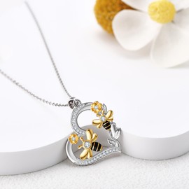 AXOMY Bee Necklace 925 Sterling Silver Flower Pendant Necklace for Women Bee Jewelry Gift for Women