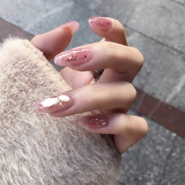 Inilbran Almond Press on Nails Shiny Glue on Nails Flower Almond Artificial Nails French Ballerina for Sticking Shiny Fingernails Oval Full Surface False Nails 24 Pieces