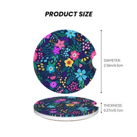ABLESKY Car Coasters for Cup Holders, 2 Pack Absorbent Anti Slip Car Cup Holder Coasters, 2.56 Inch Ceramic Universal Size Auto Interior Accessories Women Men-Purple Red Colorful Flowers