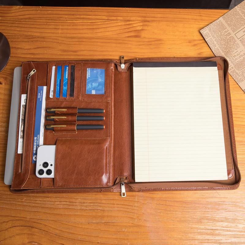 Geslun Genuine Leather Portfolio with Hidden Handle, Front Pocket, Business