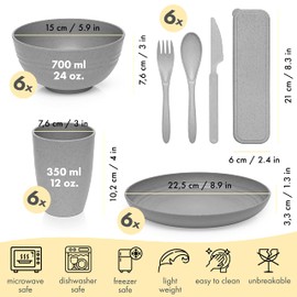 FOODLE Wheat Straw Dinnerware Set - BPA Free & Safety Certified - Unbreakable, Microwave & Dishwasher Safe - Dorm & RV Dishes - Camping Plates Cups and Bowls Set - Great for Kids & Adults - For 6