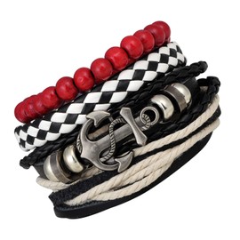 Feilok 4/8 Pieces Leather Bracelet Men's Bracelet Set Leather Bracelets Infinity Anchor for Women Braided Length Elastic Bead Bracelet Wood Adjustable, Leather