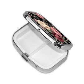 keluki Vintage Pink and Cream Dark Floral Print Square Metal Pill Box with 2 Compartment for Pocket or Purse Travel Bag Small Size 2.2 inche