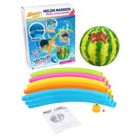BANZAI Melon Madness Pool Challenge Underwater Water-Filled Ball with 3 22" Diameter Target Hoops, Garden Hose Adapter, and Underwater Ball