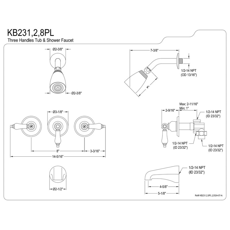 Kingston Brass KB231PL Tub and Shower Faucet with 3-Porcelain Lever