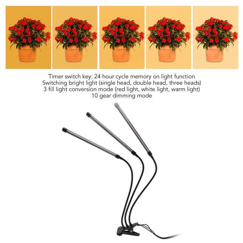 3 Head Clip Plant Light Full Spectrum Red White Warm