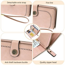 VANOLU Large Capacity Leather Wallet for Women, RFID Blocking, Multiple Card Slots, Turquoise (Pink)