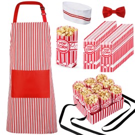 SATINIOR 204 Pcs 1950s Adult Popcorn Waiter Costume Paper Popcorn Bags Red White Striped Apron Chef Hat Bow Tie and Snack Tray for Movie Night Carnival Circus Birthday Party
