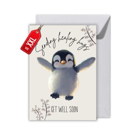 WBdesignz Get Well Soon Card with Envelope - Consolation Card "Get Well Soon" Positive Thoughts Cards Building Sayings Cards Penguin Hug Cards to Cheer Up (XXL DIN A4)