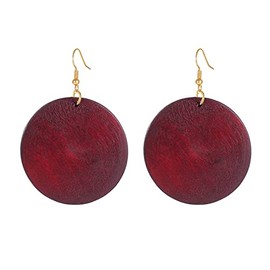 SMALLLOVE Wooden Hoop Earrings for Women Retro Black African Bohemian Wood Teardrop Geometric Lightweight Dangle Drop Earrings (Circle Dark Red)