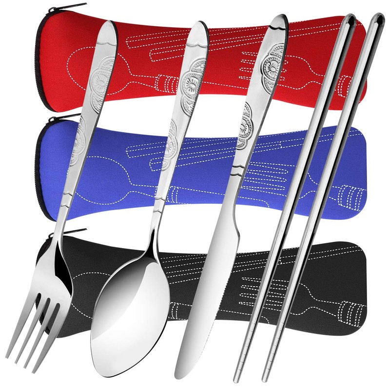 Arroyner 3 Pack Reusable Flatware Sets Knife, Fork, Spoon, Chopsticks,