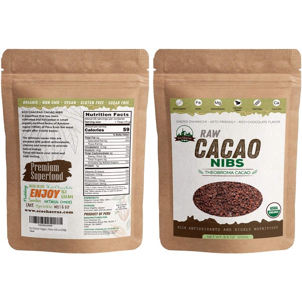 Plumas orgánicas de cacao crudas de Perú, 100% naturales y puros, hechas de frijoles criollos, amigables con el keto, sin gluten, sin azúcar, 250 g