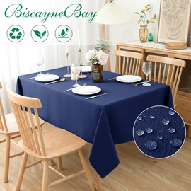 Biscaynebay Textured Fabric Tablecloths 90 X 132 Inches Rectangular, Navy Water Resistant Tablecloths for Dining, Kitchen, Wedding and Parties etc. Machine Washable