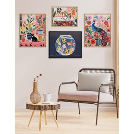 Kate and Laurel Bright Colorful Boho Peacock and Botanicals Framed Wall Art by The Creative Bunch Studio; 12x16 Black; Modern Vibrant Peacock Art for Wall