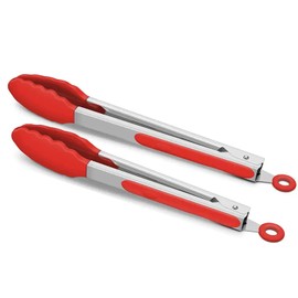 2-Pack of 9" (Small) & 12" (Large) Kitchen Tongs Set: Non-Stick Silicone-Stainless Steel Cooking Tongs, BPA Free, Heat Resistant (480°F) - Non-Slip Grip & Locking Metal Food Tongs (Red)
