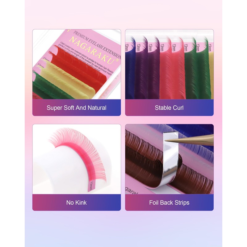 NAGARAKU Colourful Individual Eyelashes, 1:1 Eyelashes, 8 Mixed Rainbow Colours,